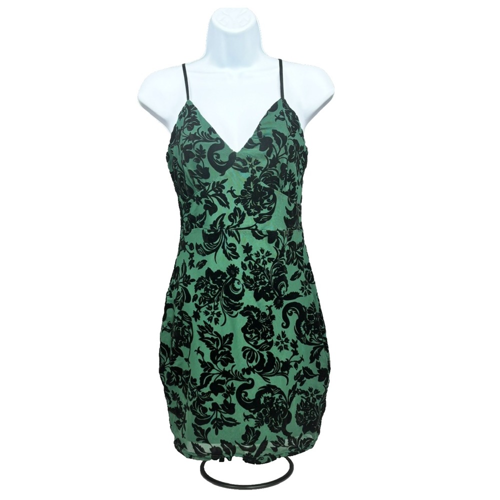 Privy Mini‎ Dress Womens Small Green Black Velvet Flocked Floral Mesh PD7311B